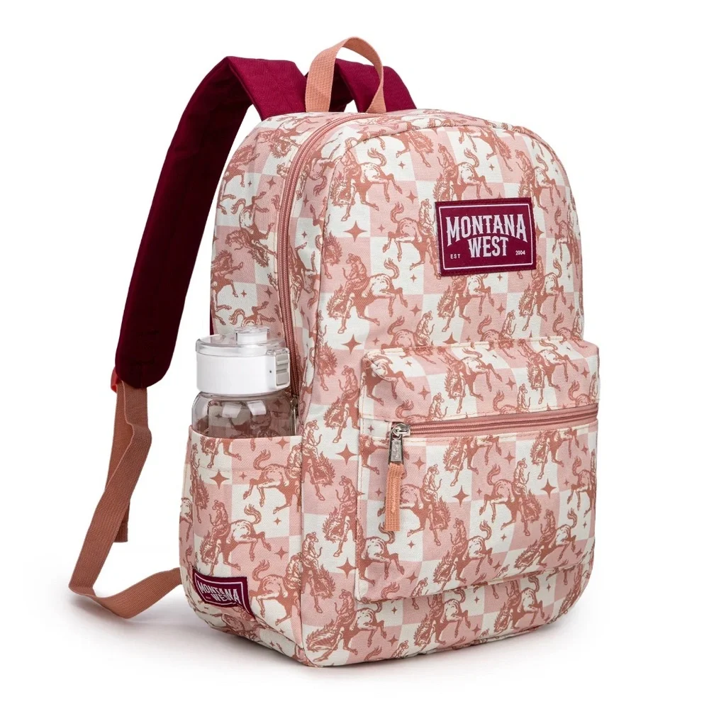 Montana West Bucking Cowgirl Print Backpack -2Pcs Set - Pink